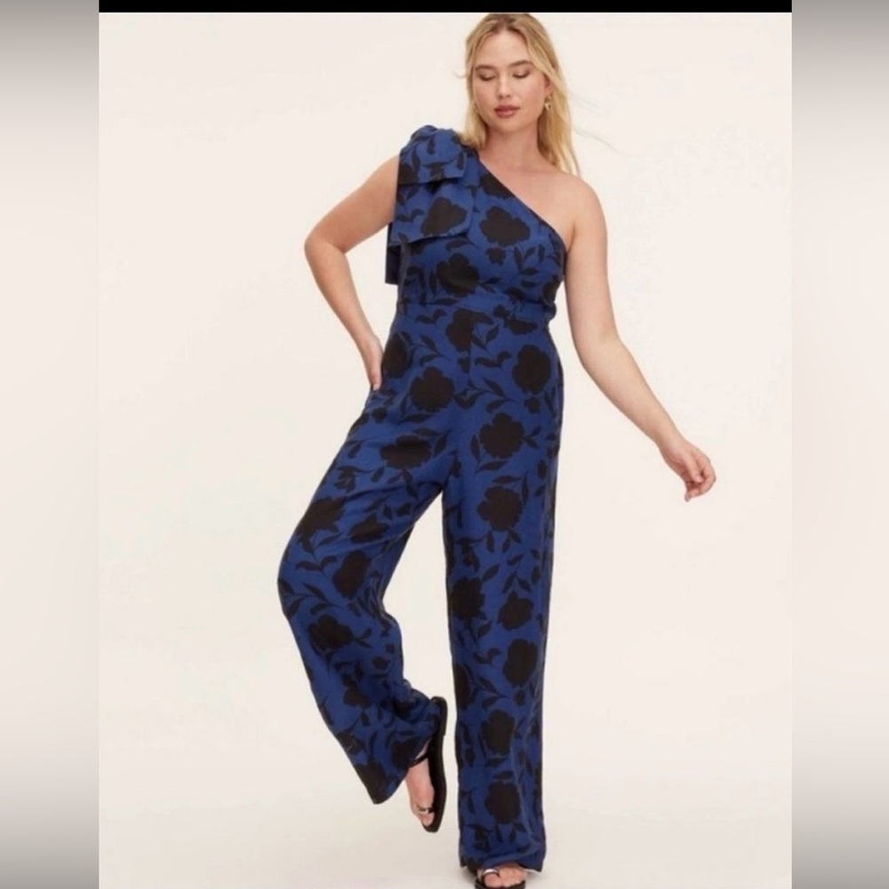 Kate Spade x Target Blue & Black Floral Linen Jumpsuit, One Shoulder w/ Pockets